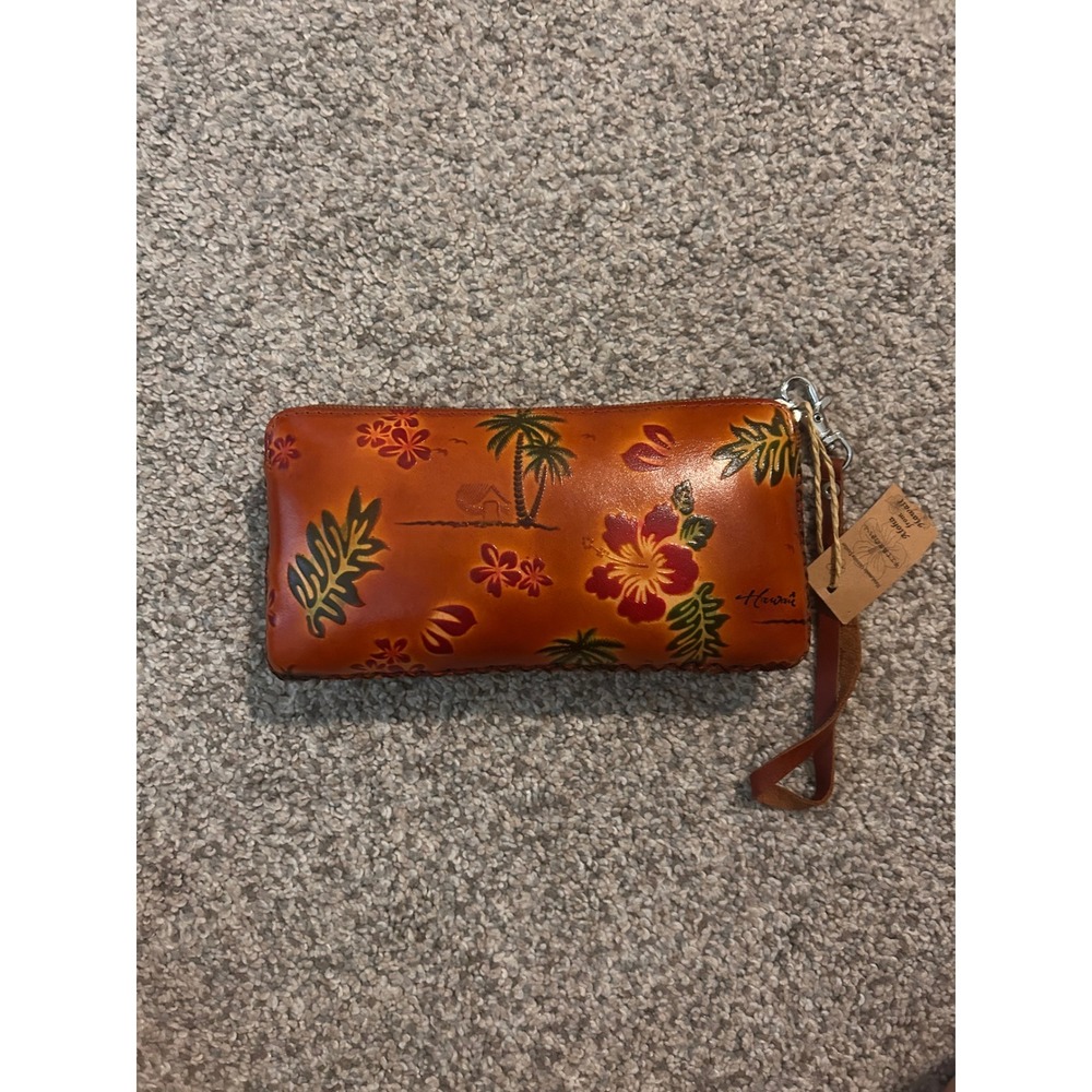 Aloha from Hawaii Hand Painted Embossed Leather Wristlet Clutch Tropical Floral